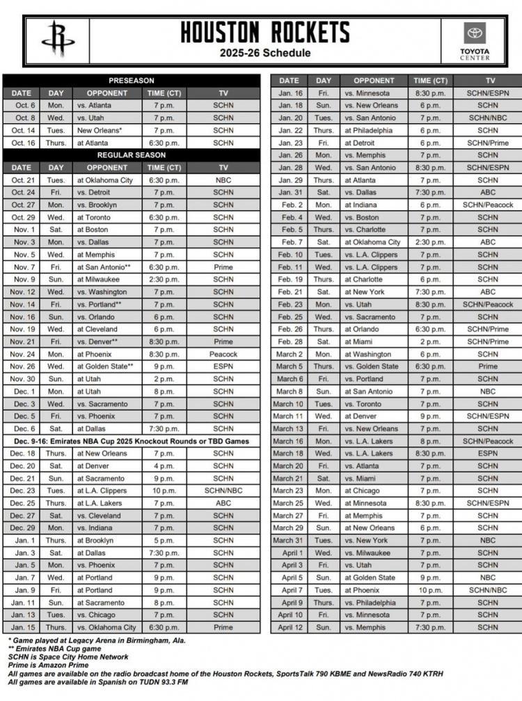 火箭新赛季赛程:揭幕战打卫冕冠军 28场全美直播 圣诞大战VS湖人